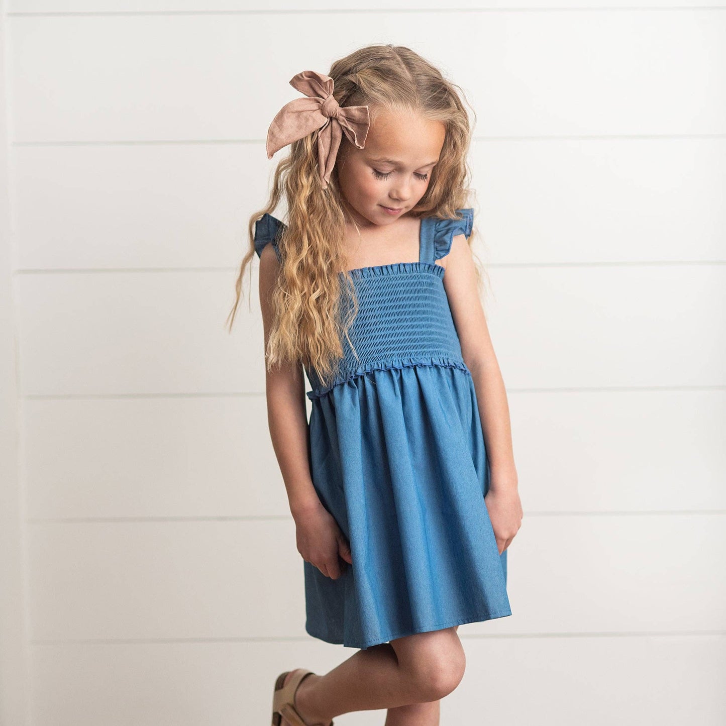 Denim Blue Shirred Ruffle Dress
