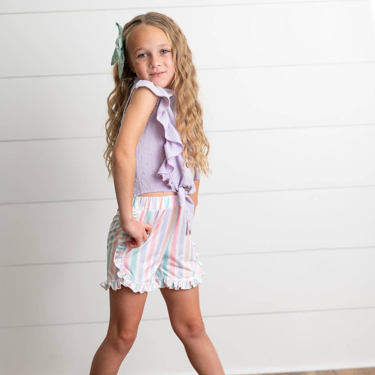 Lavender Ruffle Top & Pastel Stripe Short Set