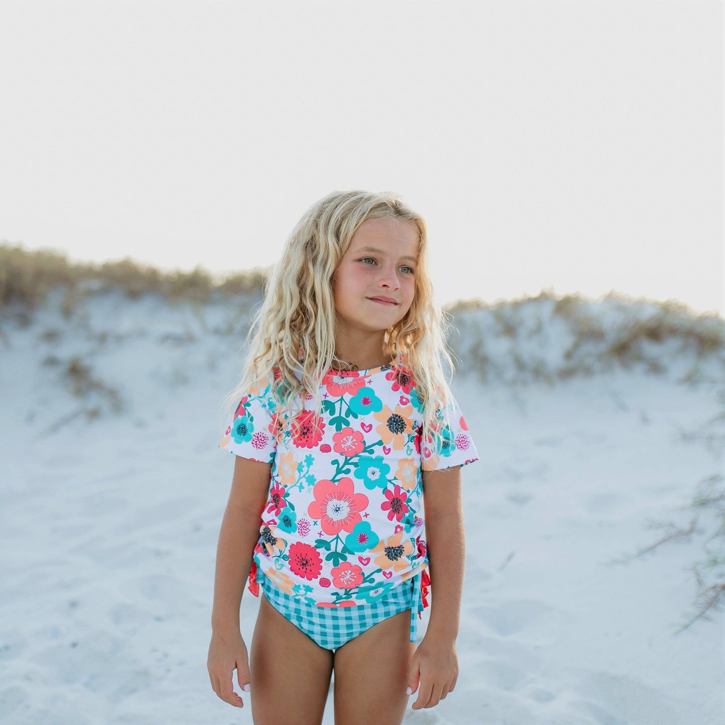 Teal Gingham & Floral Ruffle Swimsuit