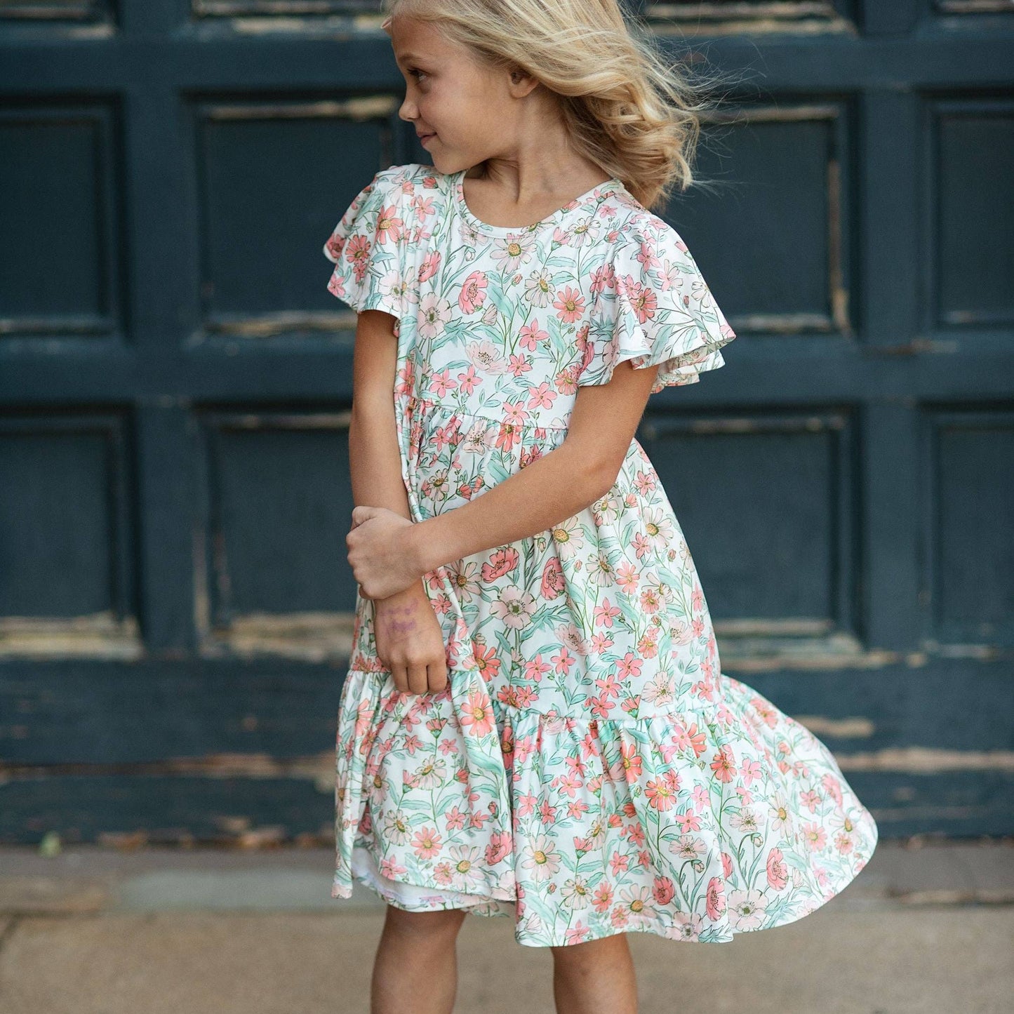 Beige Flowers Flutter Sleeve Dress