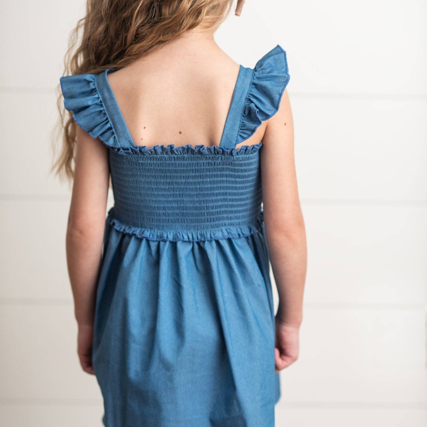 Denim Blue Shirred Ruffle Dress