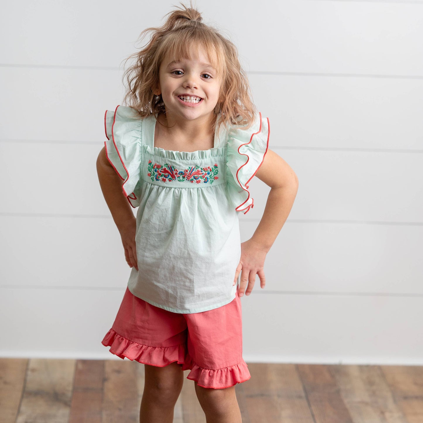 Mint Embroidered Ruffle Top & Pink Short Set