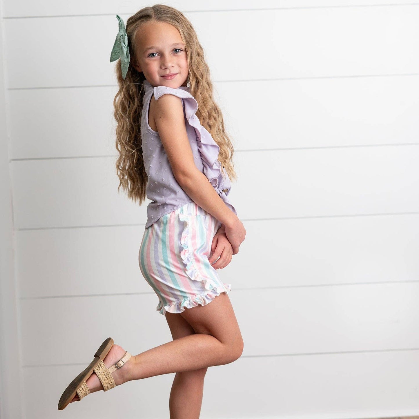 Lavender Ruffle Top & Pastel Stripe Short Set