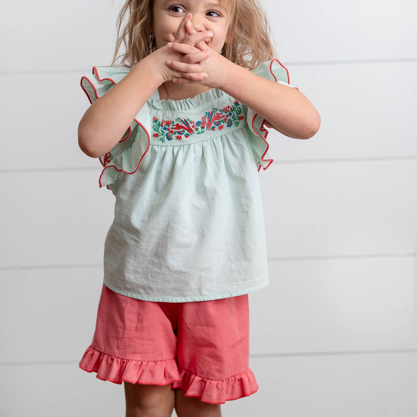 Mint Embroidered Ruffle Top & Pink Short Set