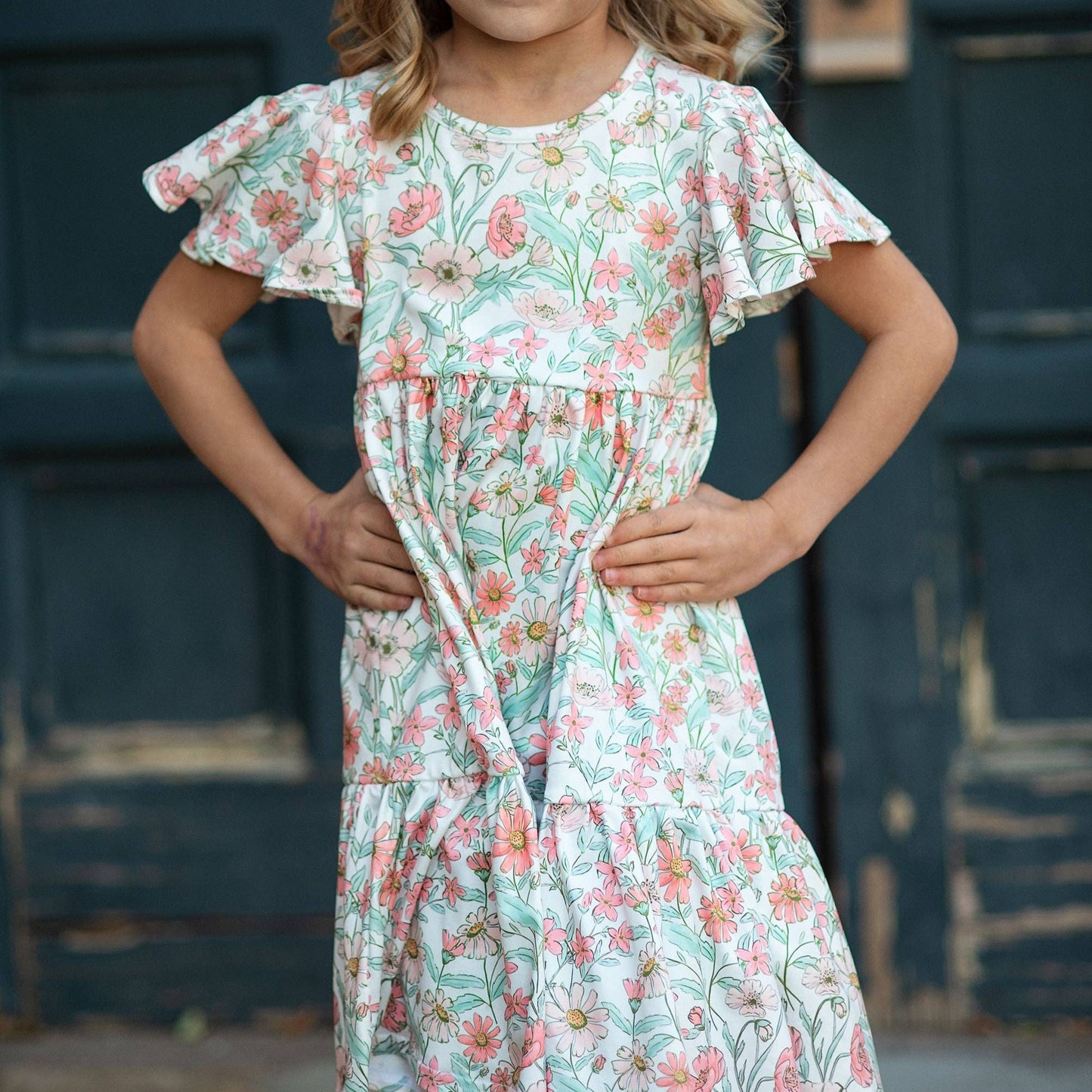 Beige Flowers Flutter Sleeve Dress
