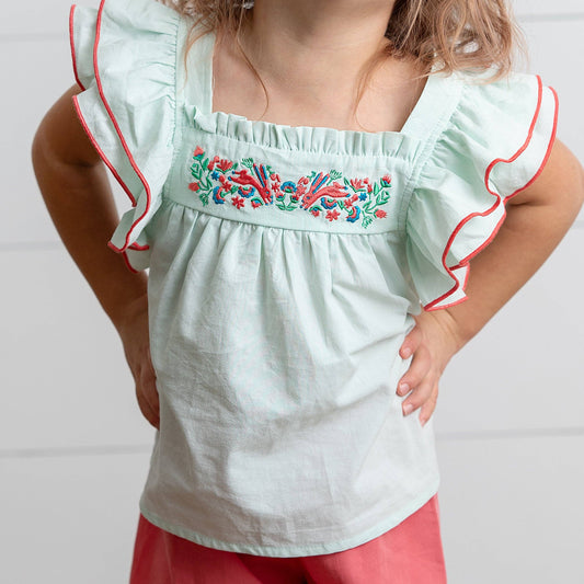 Mint Embroidered Ruffle Top & Pink Short Set