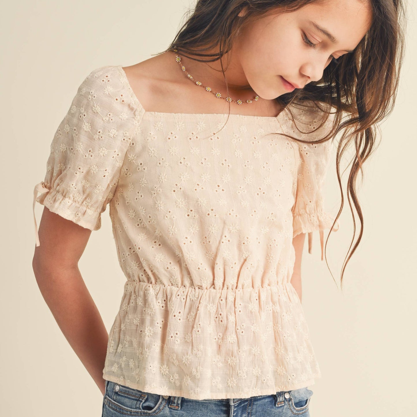 Girls Puff Sleeves Embroidered Top
