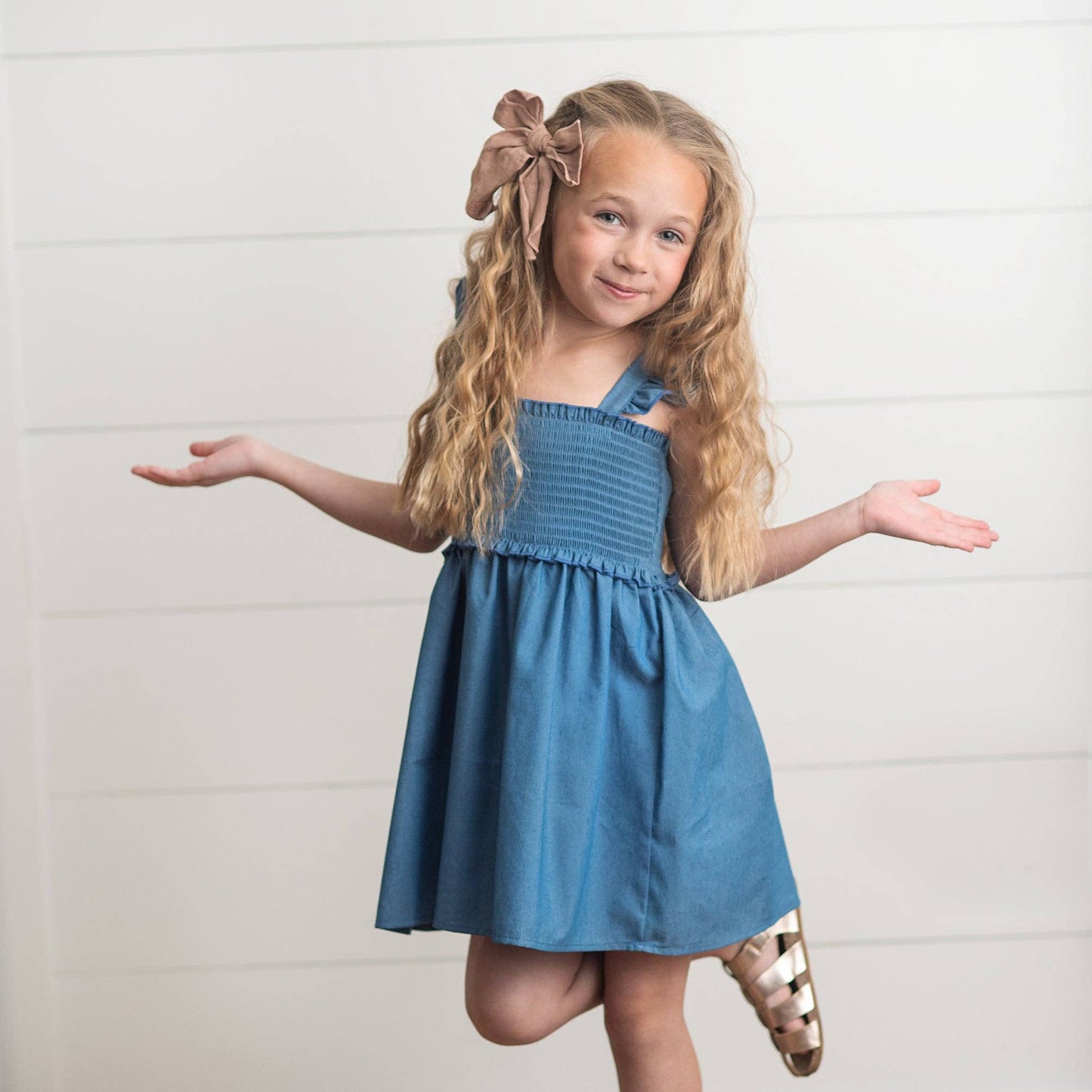 Denim Blue Shirred Ruffle Dress