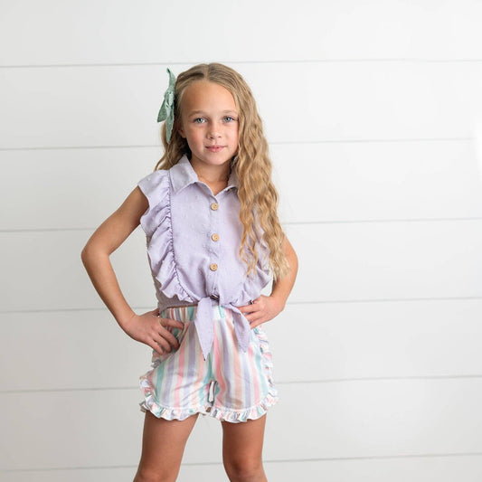 Lavender Ruffle Top & Pastel Stripe Short Set