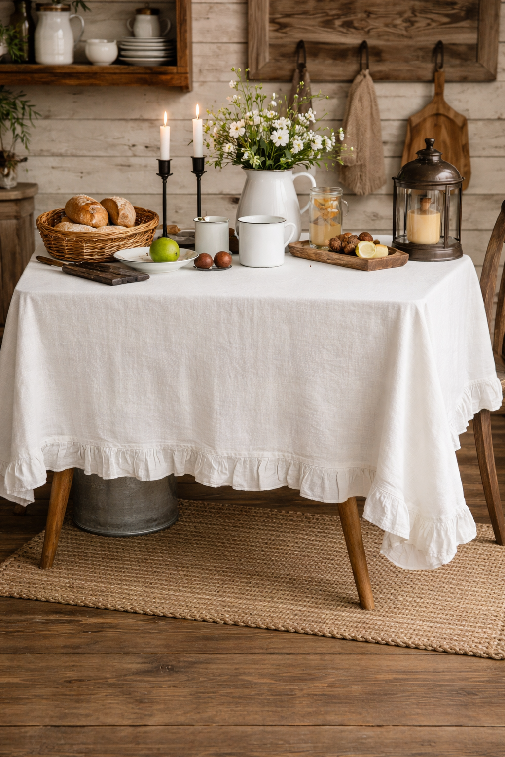 White French Ruffled Cotton Tablecloth: 55"x95" Rectangular
