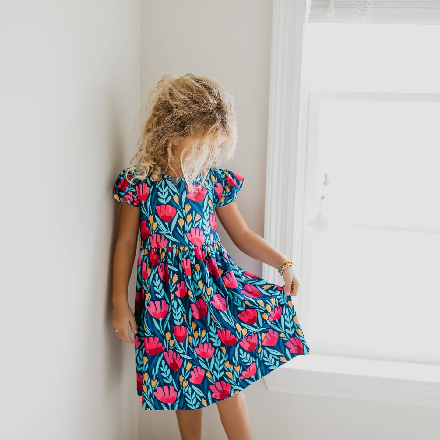 Blue Floral Flutter Sleeve Dress