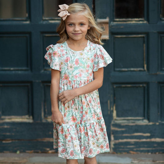 Beige Flowers Flutter Sleeve Dress