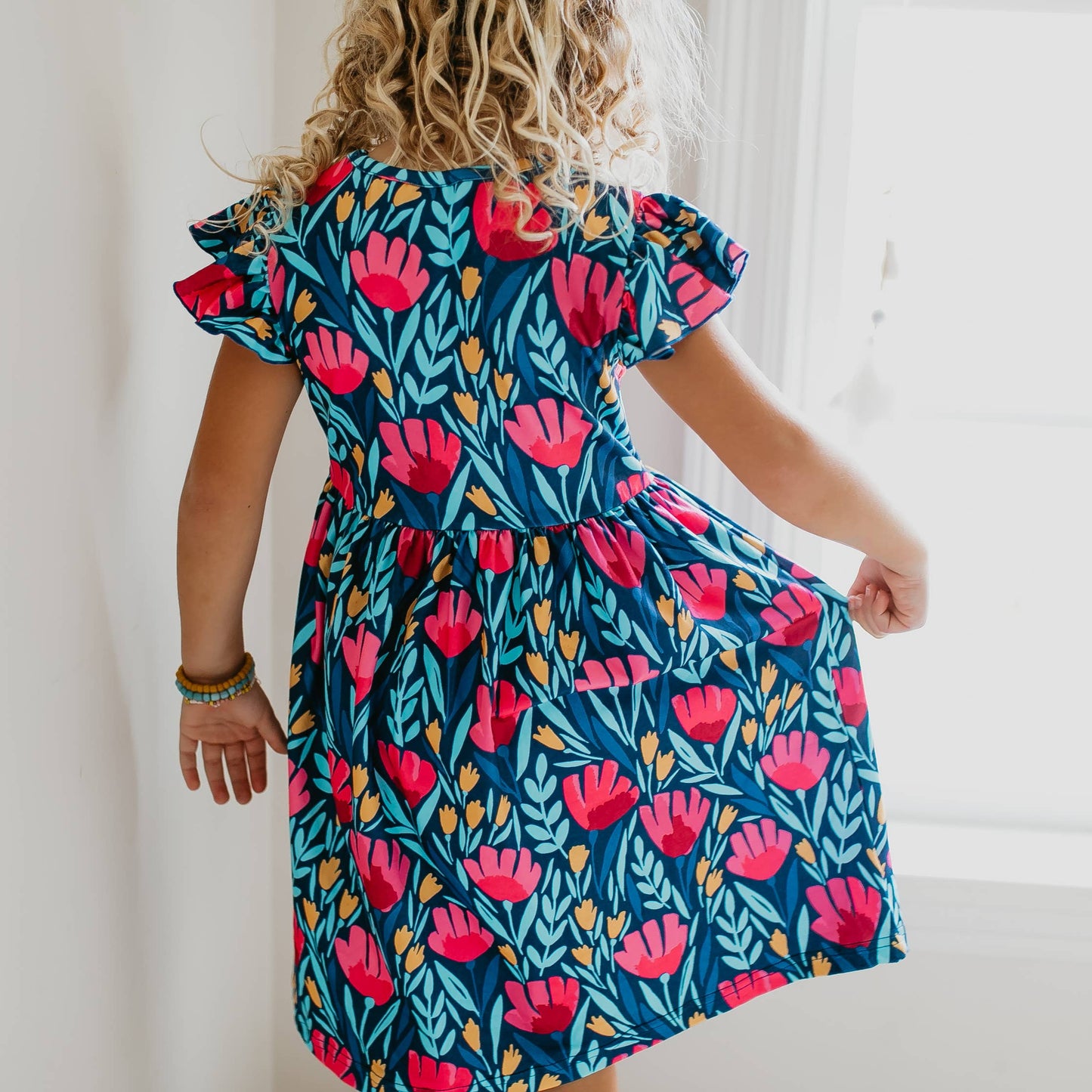 Blue Floral Flutter Sleeve Dress