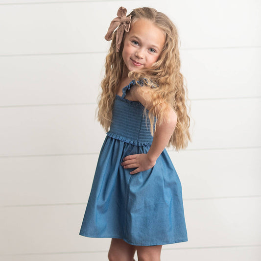 Denim Blue Shirred Ruffle Dress