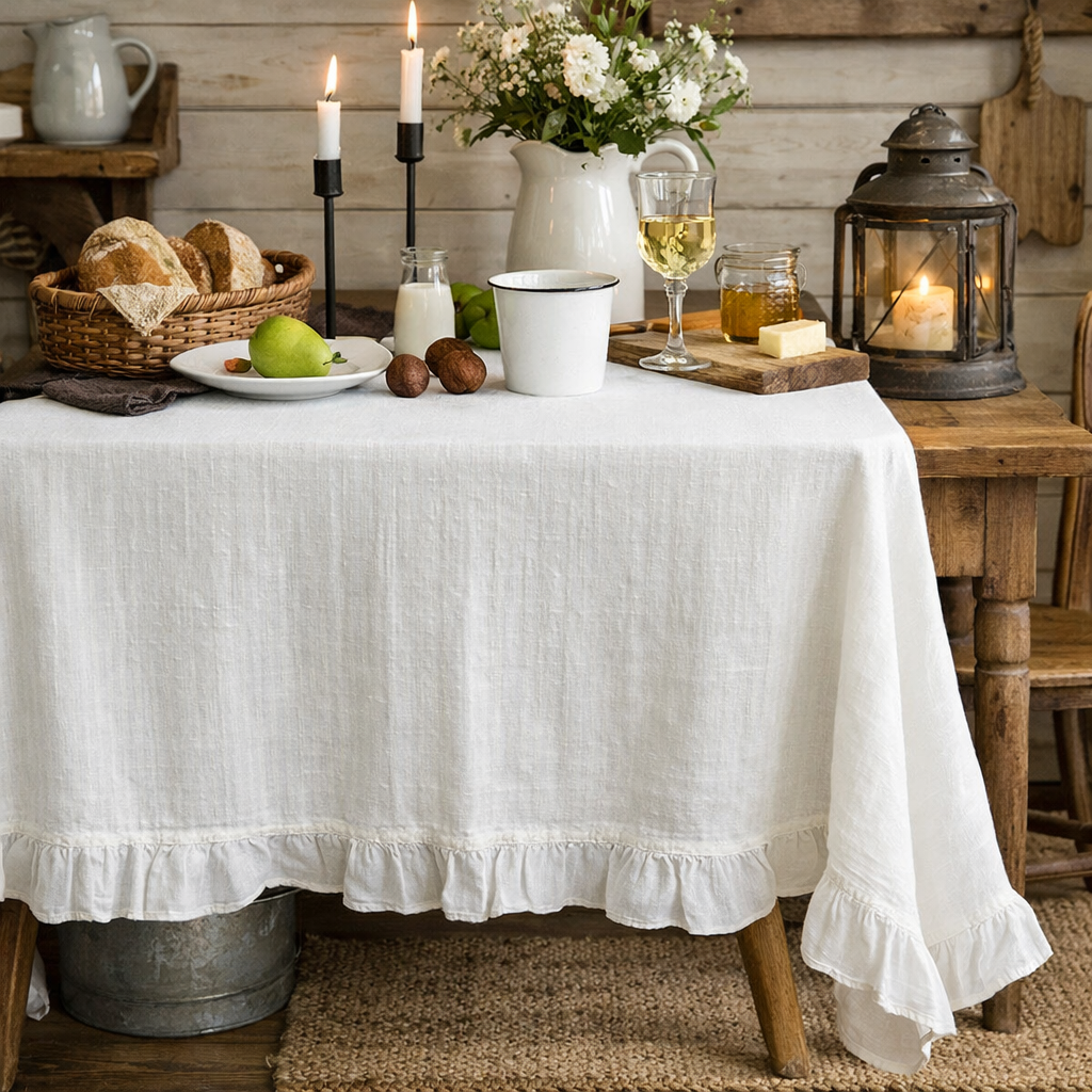 White French Ruffled Cotton Tablecloth: 55"x95" Rectangular