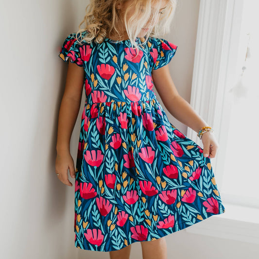 Blue Floral Flutter Sleeve Dress