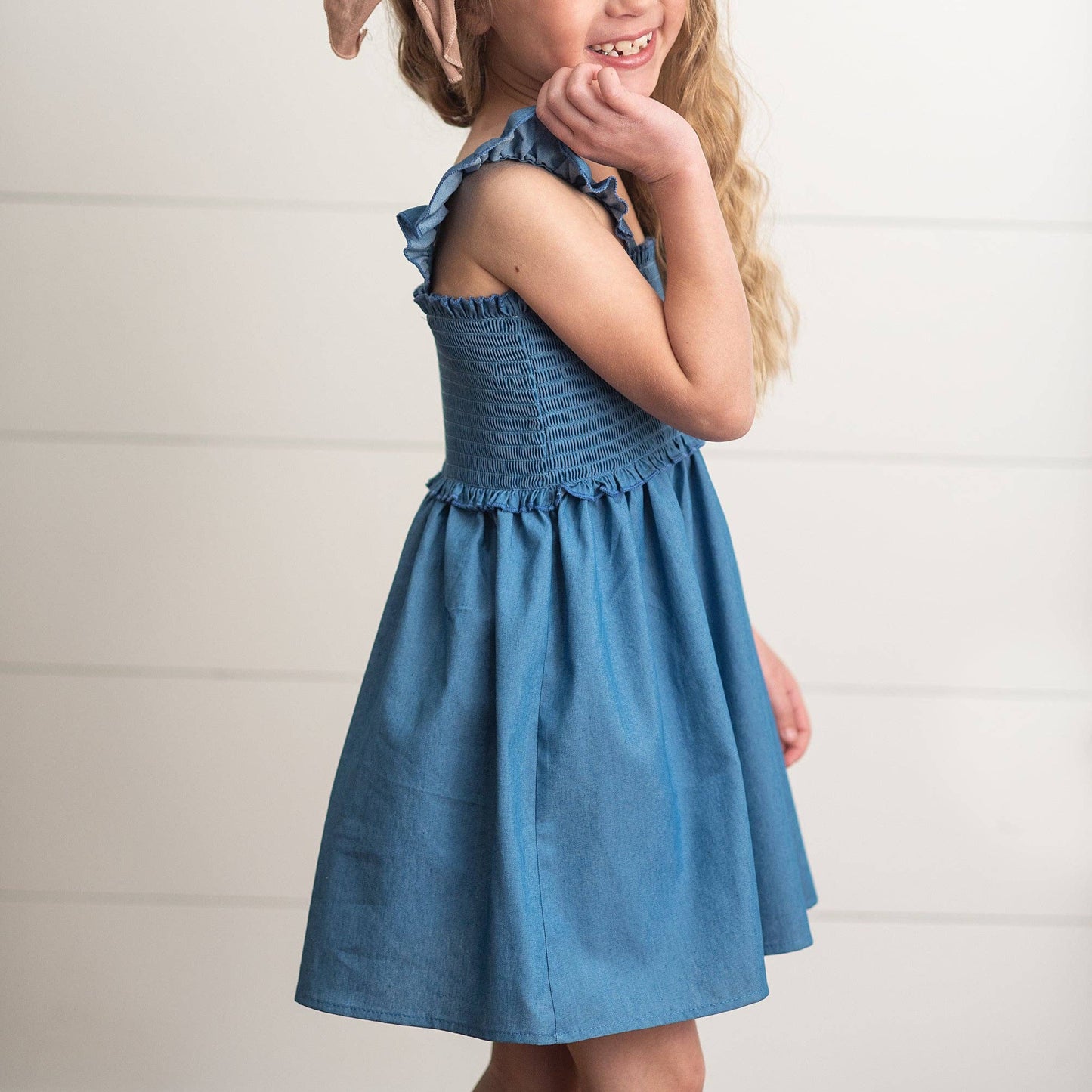 Denim Blue Shirred Ruffle Dress